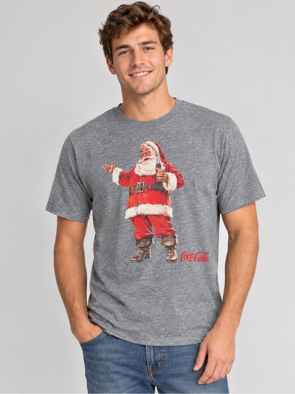 Abercrombie & Fitch Grey Tee with Red Santa Coca-Cola Graphic